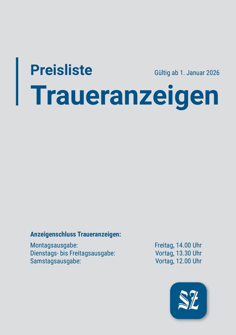 SZ Trauerpreisliste, gültig ab 01.01.2026